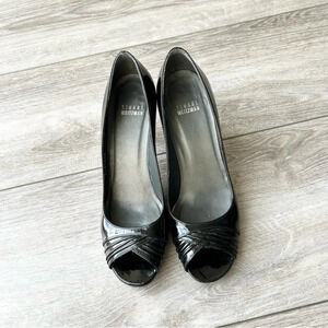 Stuart Weitzman Black Patent Leather Open Toe Pumps